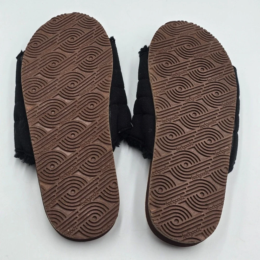 Feelgoodz Slide Sandals Women 10 Zensole Black Quilted Faux Fur EUC Cozy Slipper